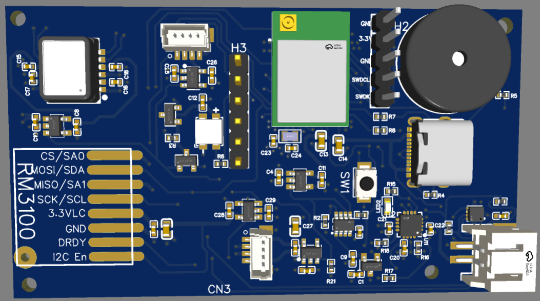 3D render of the DiscoX circuit board. Components are mounted directly on a single blue PCB, including the RM3100 magnetometer footprint at bottom left, a wireless module with an antenna connector at top centre, a round buzzer at top right, a USB-C connector on the right edge, and pin headers labelled H2 and H3.