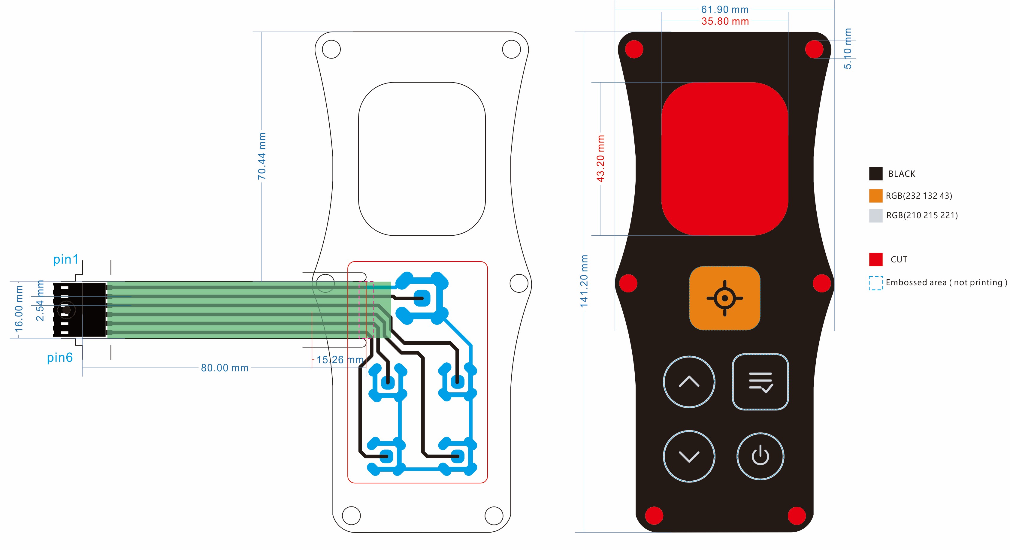 Manufacturing design file for the DiscoX membrane button overlay. Left: the printed switch circuit layer, with contact pads and a six-pin ribbon tail. Right: the printed front face marked up with dimensions, showing the screen cutout, the laser trigger and four embossed buttons.
